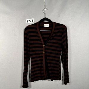 Pretty Good Cardigan Sweater Womens Small Brown Black Striped Ribbed V Neck